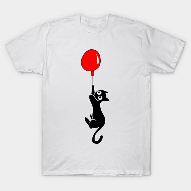 Black Cat Hanging on Red Balloon T-Shirt by pako-valor